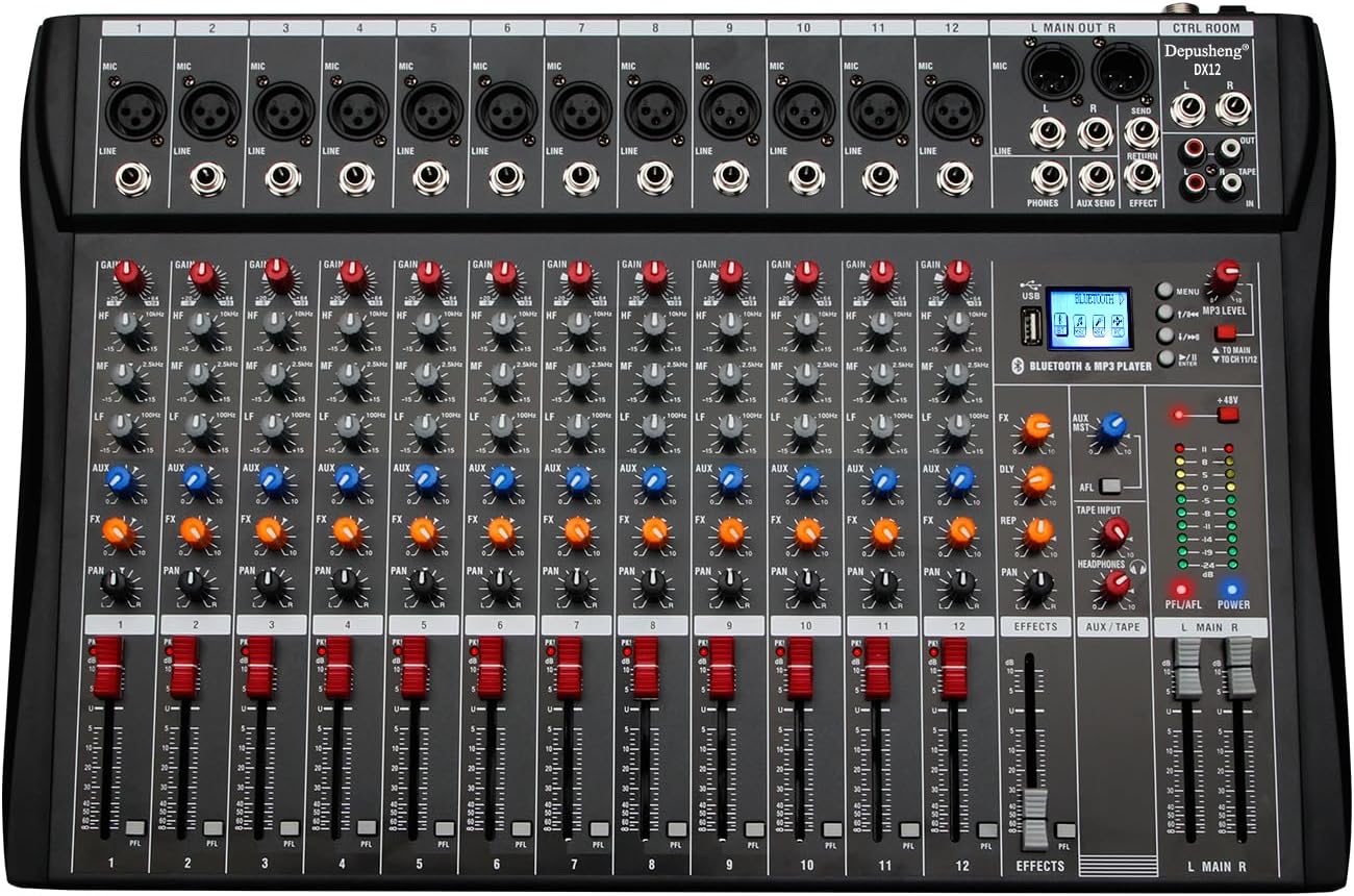 DX12 Interface contrôleur de son DJ avec lecteur USB pour enregistrement sur ordinateur Mélangeur audio studio 12 canaux - Prise microphone XLR, alimentation 48 V, entrée/sortie RCA