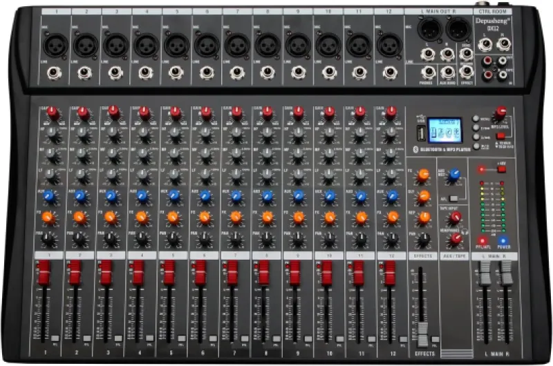 DX12 Interface contrôleur de son DJ avec lecteur USB pour enregistrement sur ordinateur Mélangeur audio studio 12 canaux - Prise microphone XLR, alimentation 48 V, entrée/sortie RCA