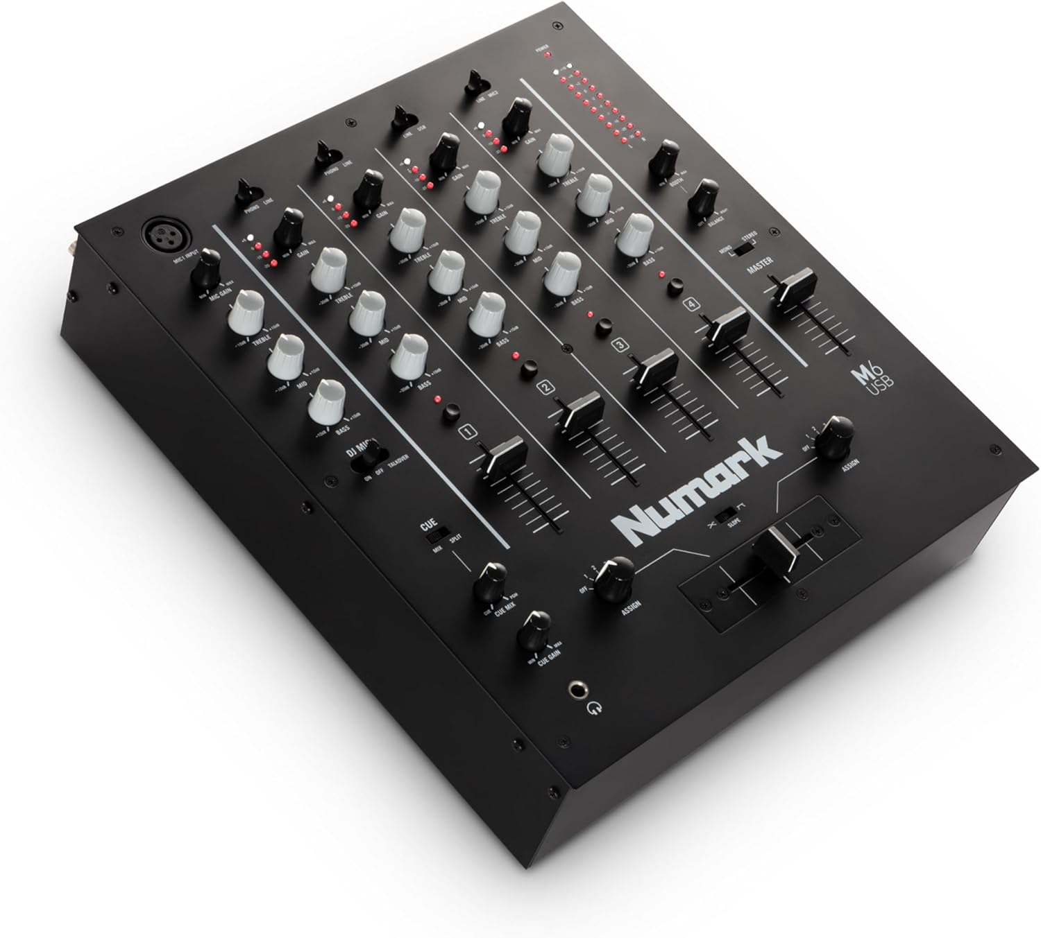 M6 USB – Table de Mixage DJ 4 Voies pour Platine DJ avec Interface Audio / Carte son Intégrée, EQ 3 Bandes, Entrées pour Micro et RCA M6 USB - Noir