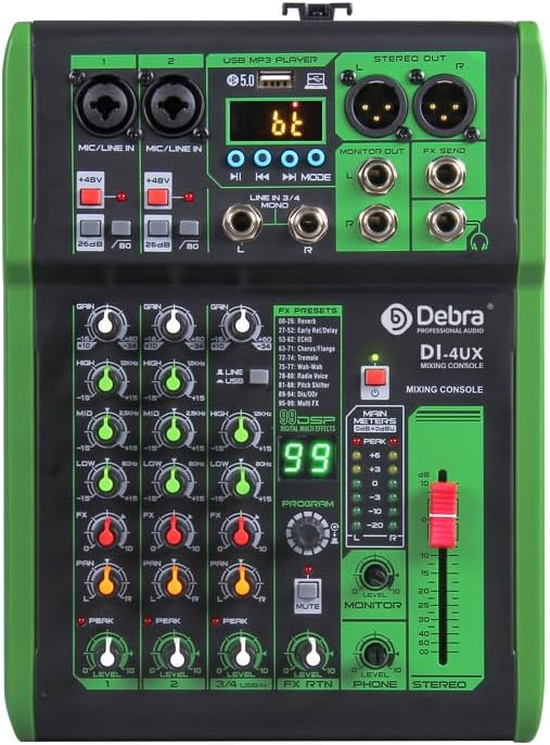Mixeur DJ Debra DI-4UX - 4 Canaux, 99 Effets DSP, Entrée MP3, Alimentation Fantôme 48V, pour Console de Mixage Professionnelle