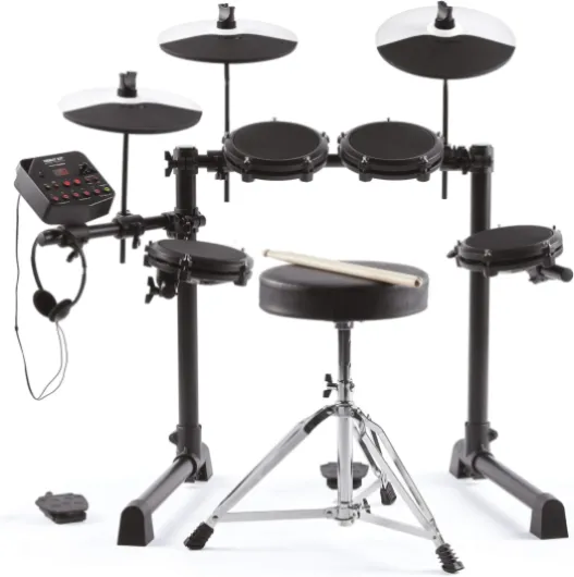Debut Kit – Kit de batterie électronique pour enfant avec 4 pads en peau maillée, 120 sons, 100 leçons avec siège, baguettes, clé et casque Debut Kit - Noir Unique
