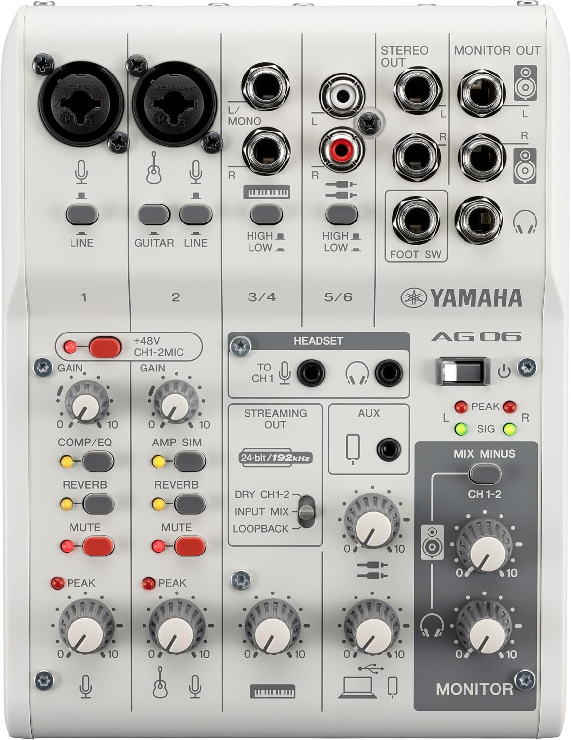AG06MK2 Table de mixage en direct 6 canaux avec interface audio USB - Pour Windows, Mac, iOS et Android - Blanc Blanc.