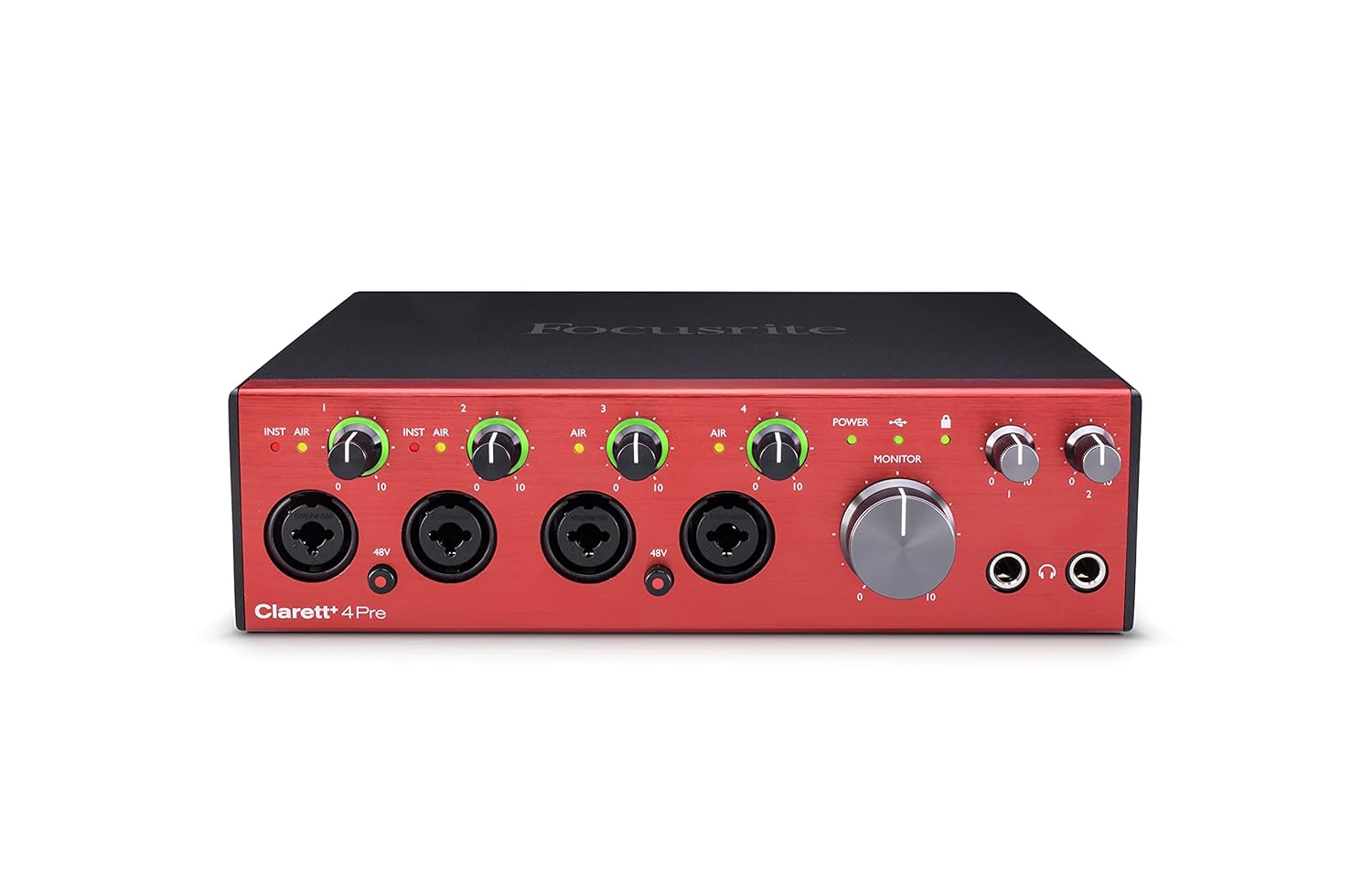 Interface audio USB haut de gamme Focusrite Clarett+ 4Pre pour les créateurs — enregistrements de haute qualité : quatre préamplis à faibles niveaux de bruit et de distorsion pour un son époustouflant