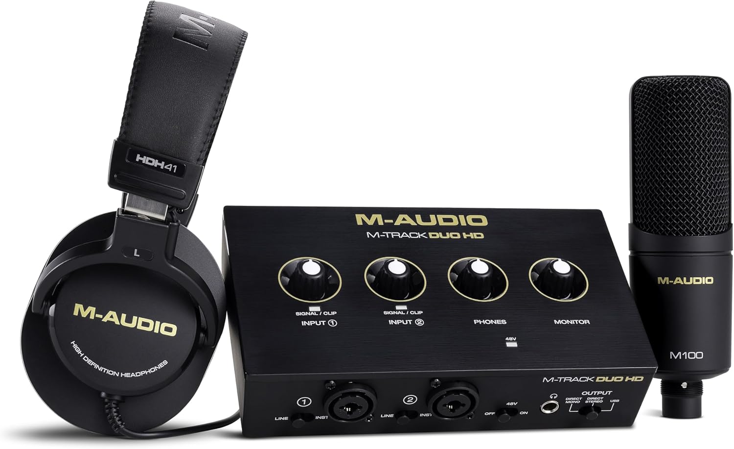 M-AUDIO M-Track Duo HD Interface audio, Micro à Condensateur M100 et Casque de Studio HDH41 pour Enregistrement, Producteurs, Créateurs de Contenu et Podcasteurs 192kHz, 2 XLR Carte Son Duo HD avec Casque et Micro