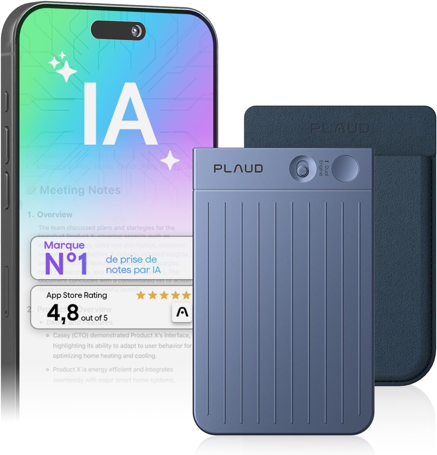 Note Enregistreur Vocal IA avec Étui Dictaphone Enregistreur Vocal Numérique Technologie IA Transcription Résumé en 112 Langues 64 Go Contrôle par App Idéal pour Conférences Réunions & Appels Note bleue avec étui bleu