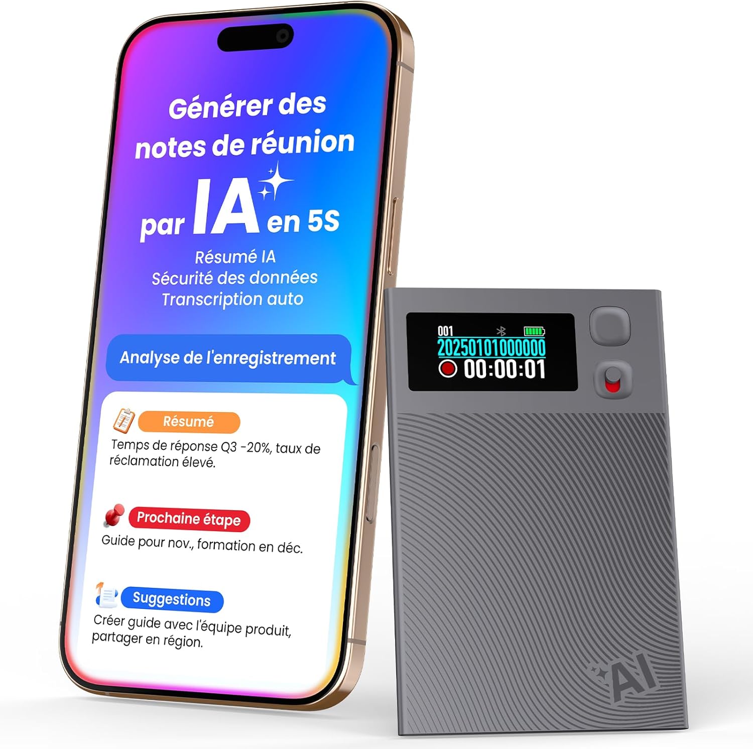Ailog Enregistreur Vocal IA avec Application dédiée,Transcription et résumé,Traduction dans Plus de 188 Langues,mémoire de 64 Go pour réunions,conférences,appels,Affaires,Cours gris clair