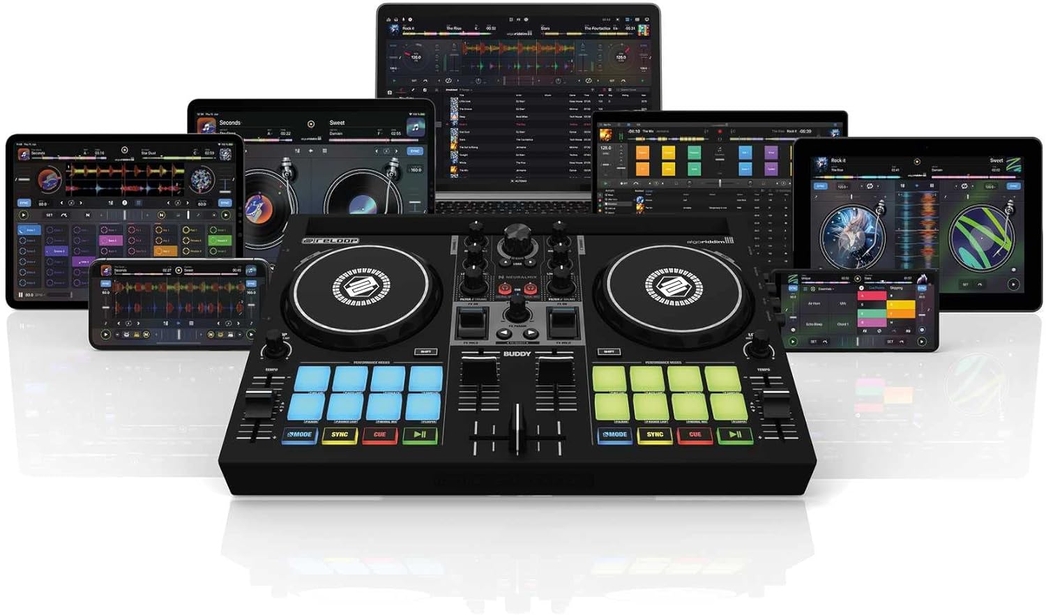 Reloop Buddy Contrôleur DJ compact à 2 canaux pour Algoriddim DJay sur iOS, iPadOS, Android, Mac et PC avec pads de performance RVB, palettes FX et commandes Neural Mix Unique