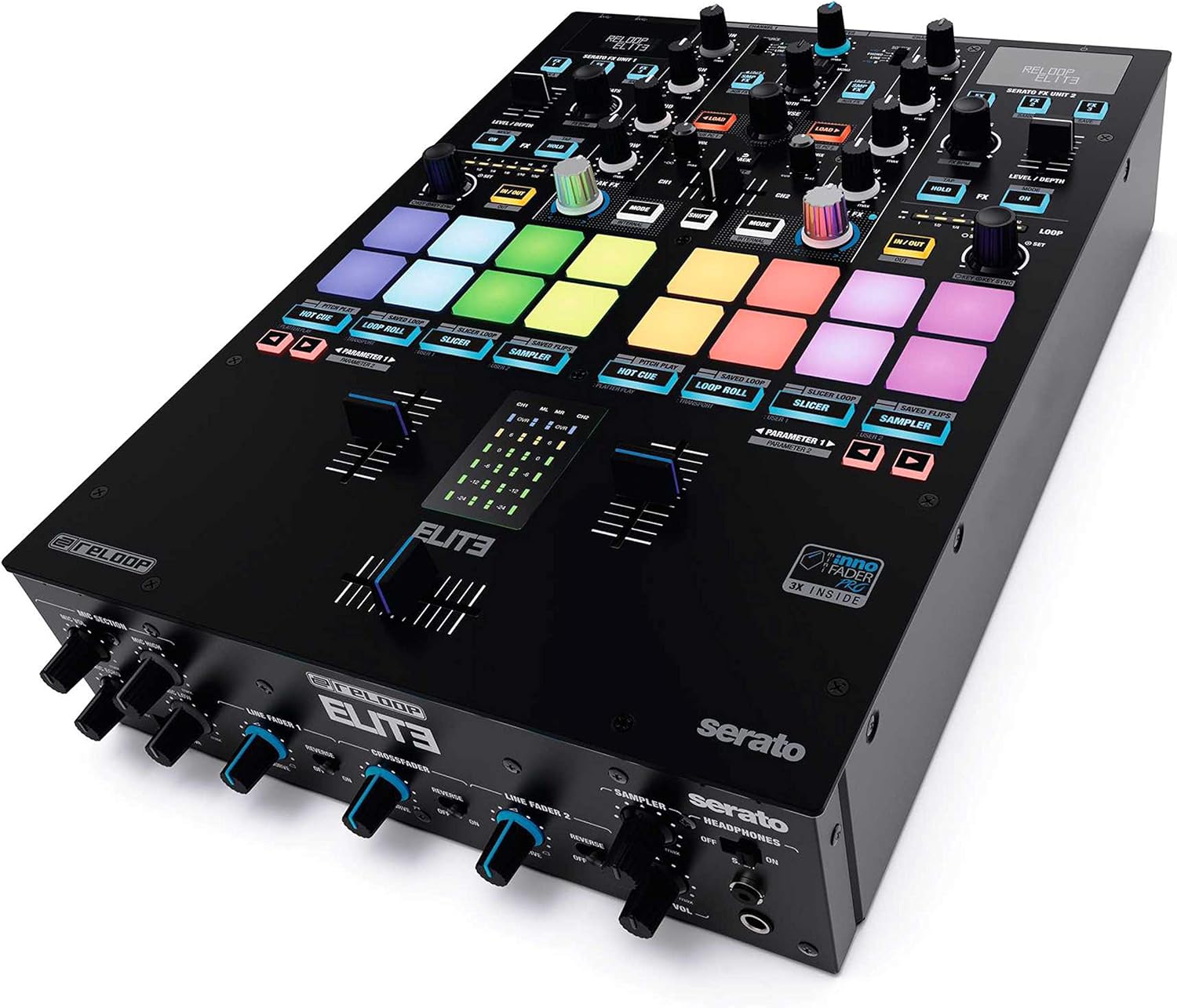Reloop ELITE Mixeur de performance DVS professionnel pour Serato DJ Pro, 16 grands pads de performance RGB sensibles au toucher