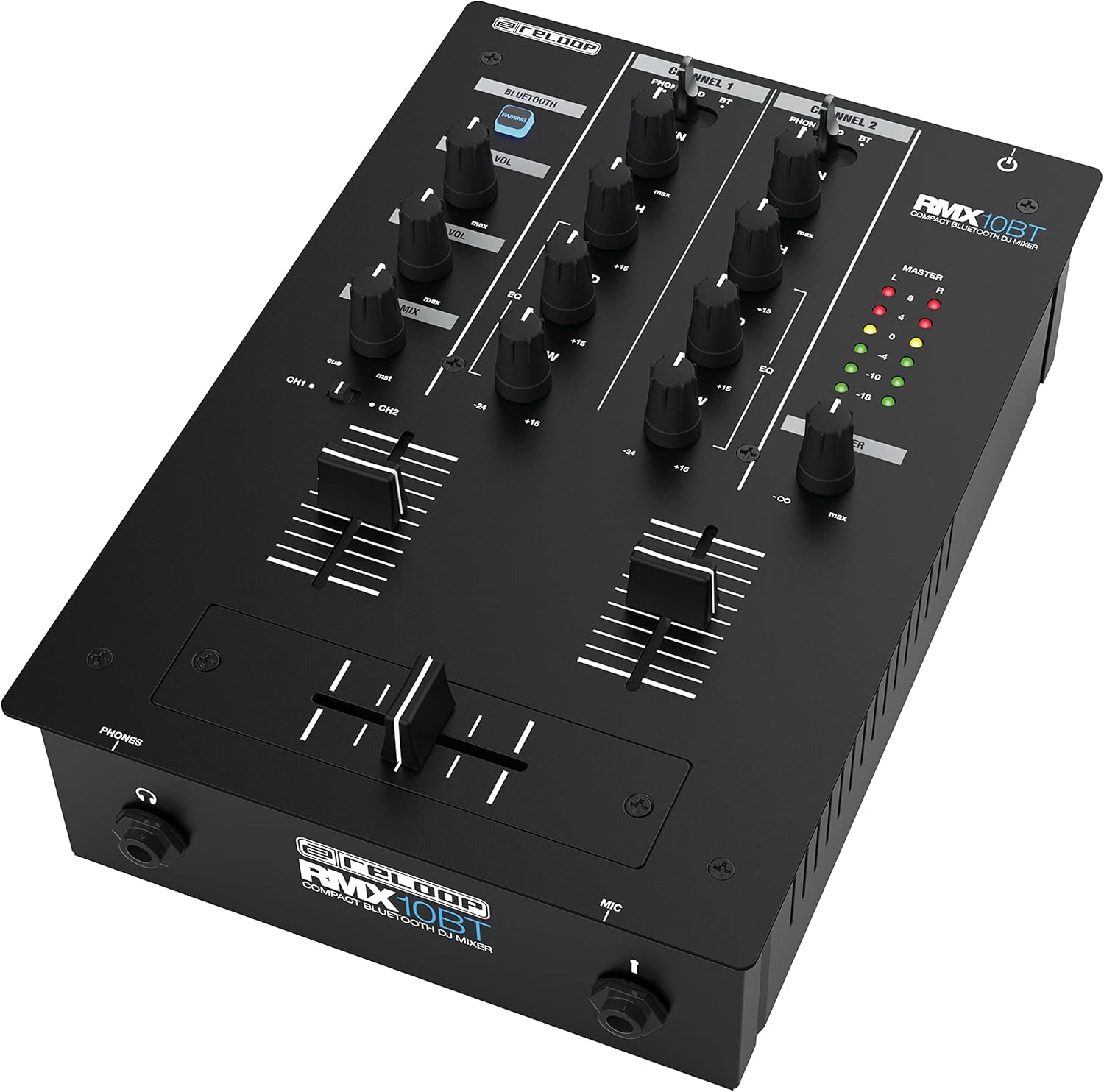 Reloop RMX-10 BT - Table de mixage DJ Bluetooth à 2 canaux de forme compacte, Canaux avec égaliseur à 3 bandes et régulation du gain, Contrôle LED du signal Master, Structure métallique robuste Unique