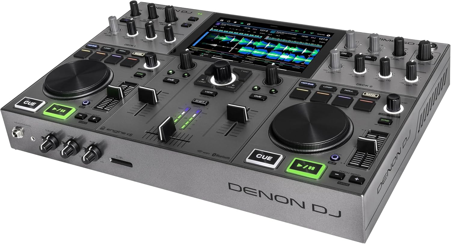 Denon DJ PRIME GO+, contrôleur DJ et mixeur portable avec séparation Stems, 2 platines, Wi-Fi, Bluetooth, contrôle de l'éclairage, écran tactile 7" avec Amazon Music Streaming