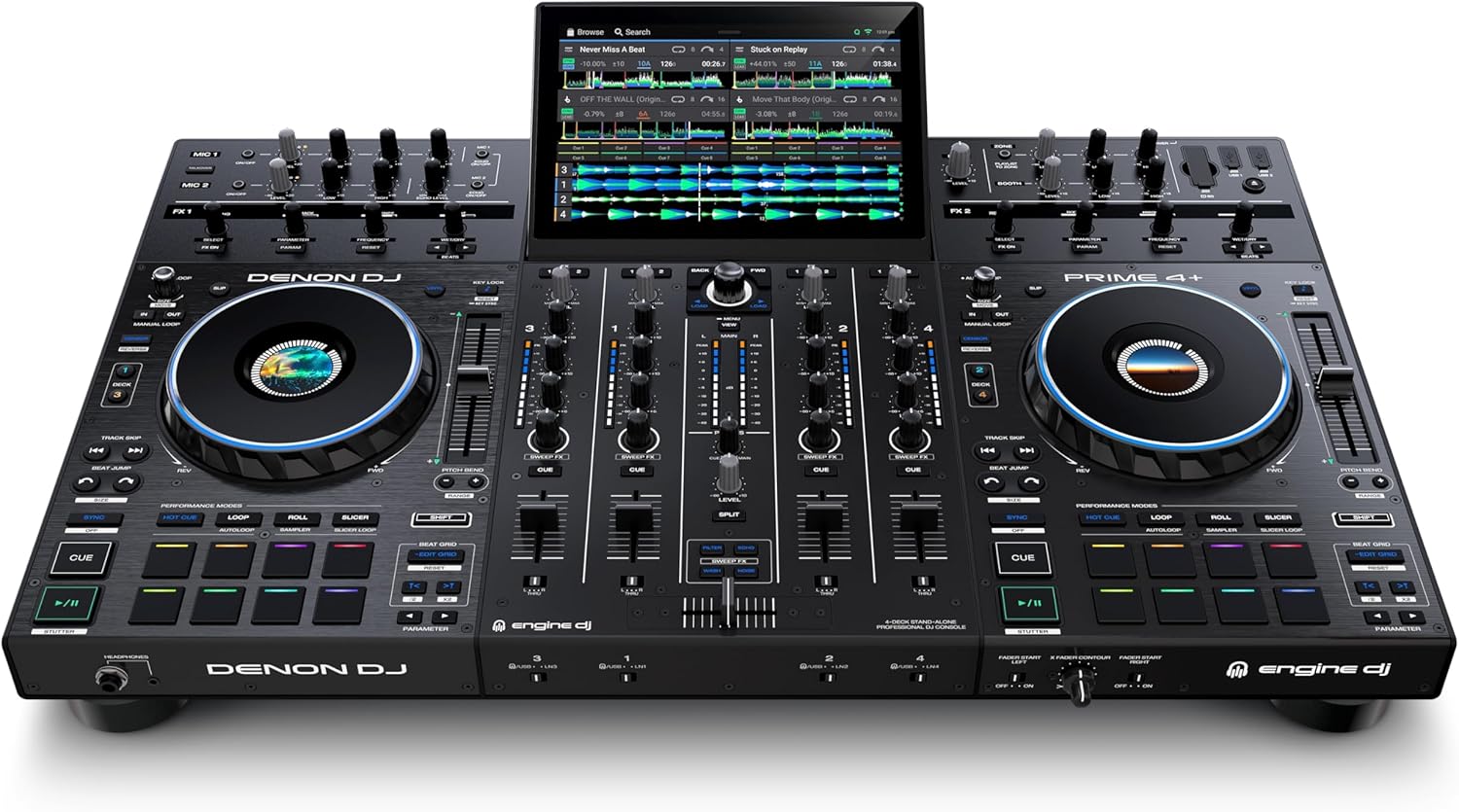 Denon DJ PRIME 4+ Contrôleur DJ autonome avec séparation Stem sur 4 Platines, streaming Wi-Fi, Drop Sampler, écran tactile 10.1", contrôle éclairage Sound And Recording Equipment