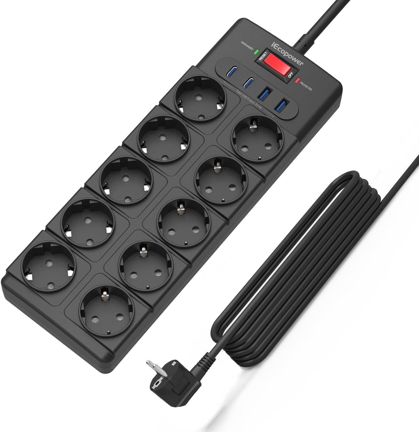 IECOPOWER multiprise 10 Prises,USB multiprise(PD 20W 2 USB-C Ports et 2 USB-A Ports), multiprise avec Interrupteur,4000W/16A,1050 J, multiprise parafoudre et câble d'extension de 5m, Noir 5M-PD20W