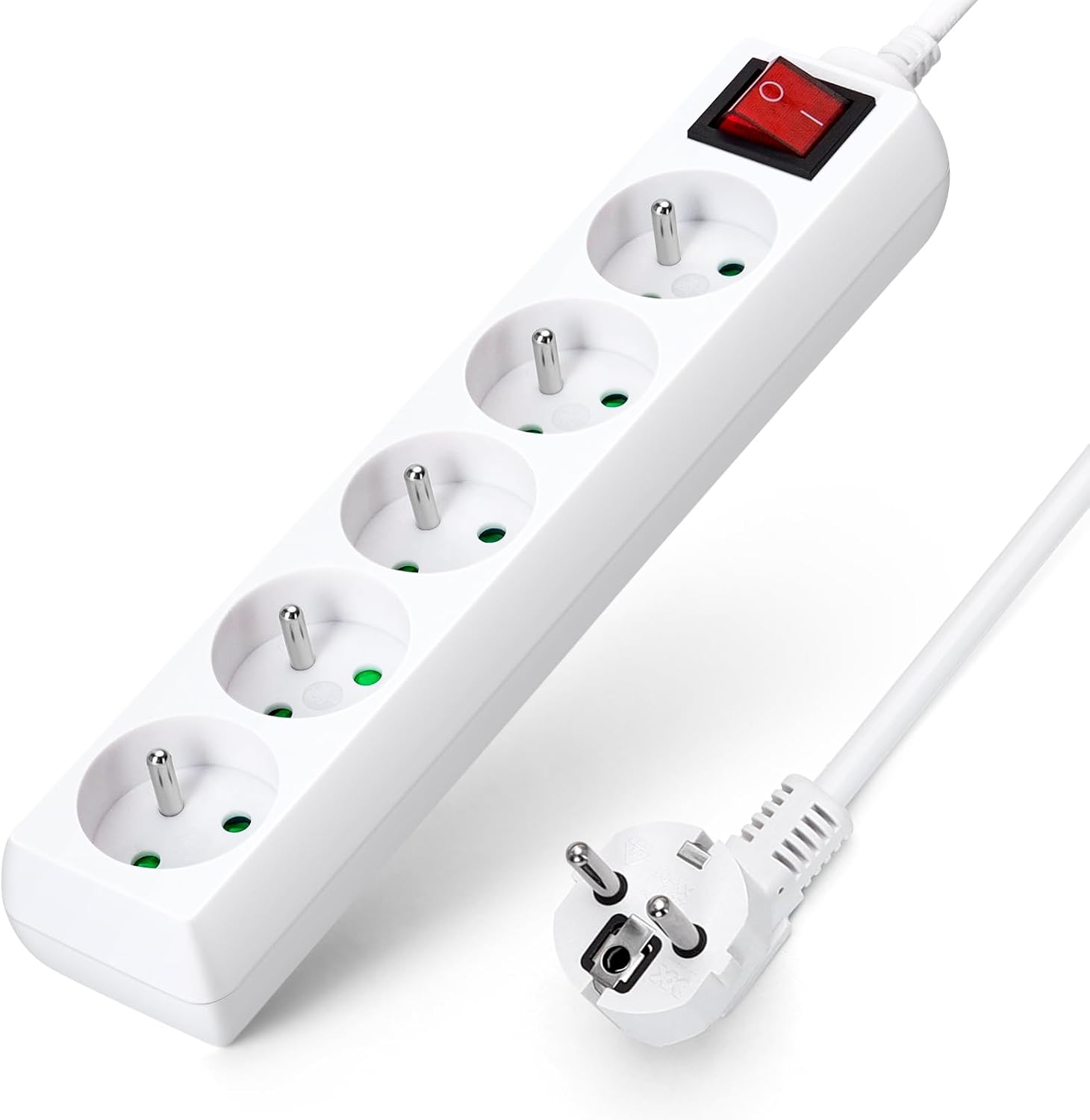 Multiprises 5 Prises avec Interrupteur, 2P+T, Extension d'alimentation de 5 Mètre, Sécurité Enfant, Française, Blanc, 16A 250V 5 Prises 5 M