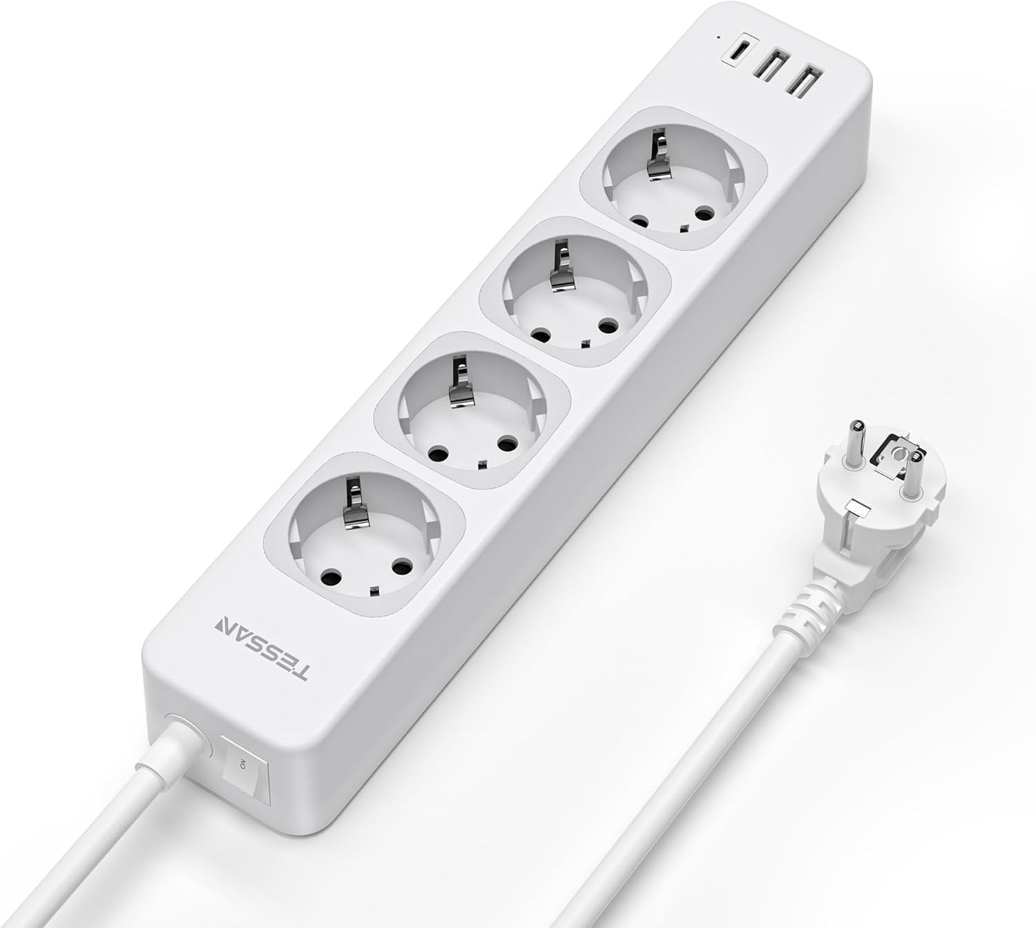 Multiprise avec 4 Prises et 3 Ports USB, 7 en 1 Bloc Prise 2500W avec Rallonge Electrique 2M et Interrupteur, pour Phone, Pad, Domicile, Bureau, Gris