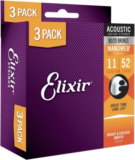 Lot de 3 cordes pour guitare acoustique, bronze 80/20 avec revêtement NANOWEB, ton lumineux et ciblé durable avec sensation confortable, lumière personnalisée 11-52 Custom Light (11-52) 3 Pack Unique