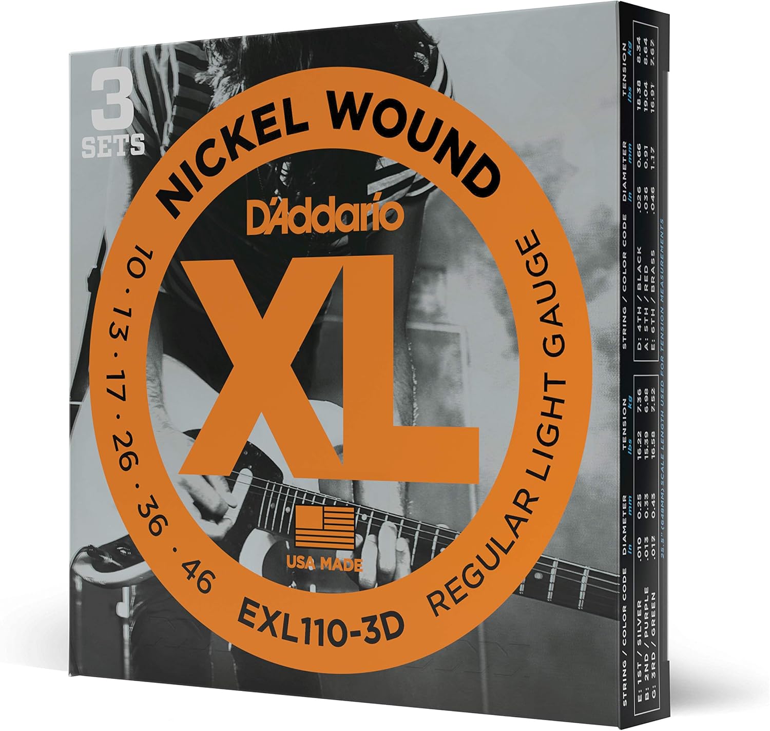 D'Addario EXL110-3D Nickel Wound Electric Guitar Strings, Regular Light, 10-46, 3 Sets Regular Light, 10-46 3-pack