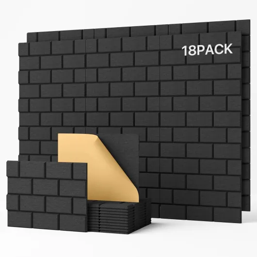 Lot de 18 panneaux acoustiques autocollants muraux rectangulaires - Type de brique - Pour traitement acoustique et décoration murale - 30 x 40 x 0,9 cm - Noir 18 Pièces Noir