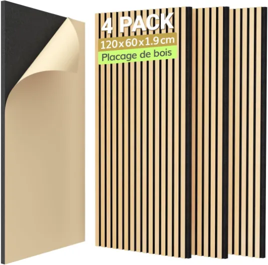 Lot de 4 Panneau Acoustique en Placage de Bois, 120x60x1,9 cm, Dalle Murale Autocollante, Absorption de L'écho, Mousse Décoratif en 3D, Panneaux Insonorisants pour le Salon, le Bureau, Chêne 4 pièces 120x60x1,9cm Chêne