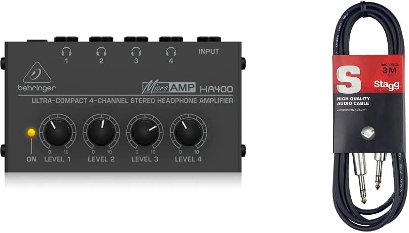 HA400 Amplificateur Casque Stéréo Ultra-Compact 4 Canaux & Stagg 3 m Câble Microphone XLR - XLR de Haute Qualité - Noir