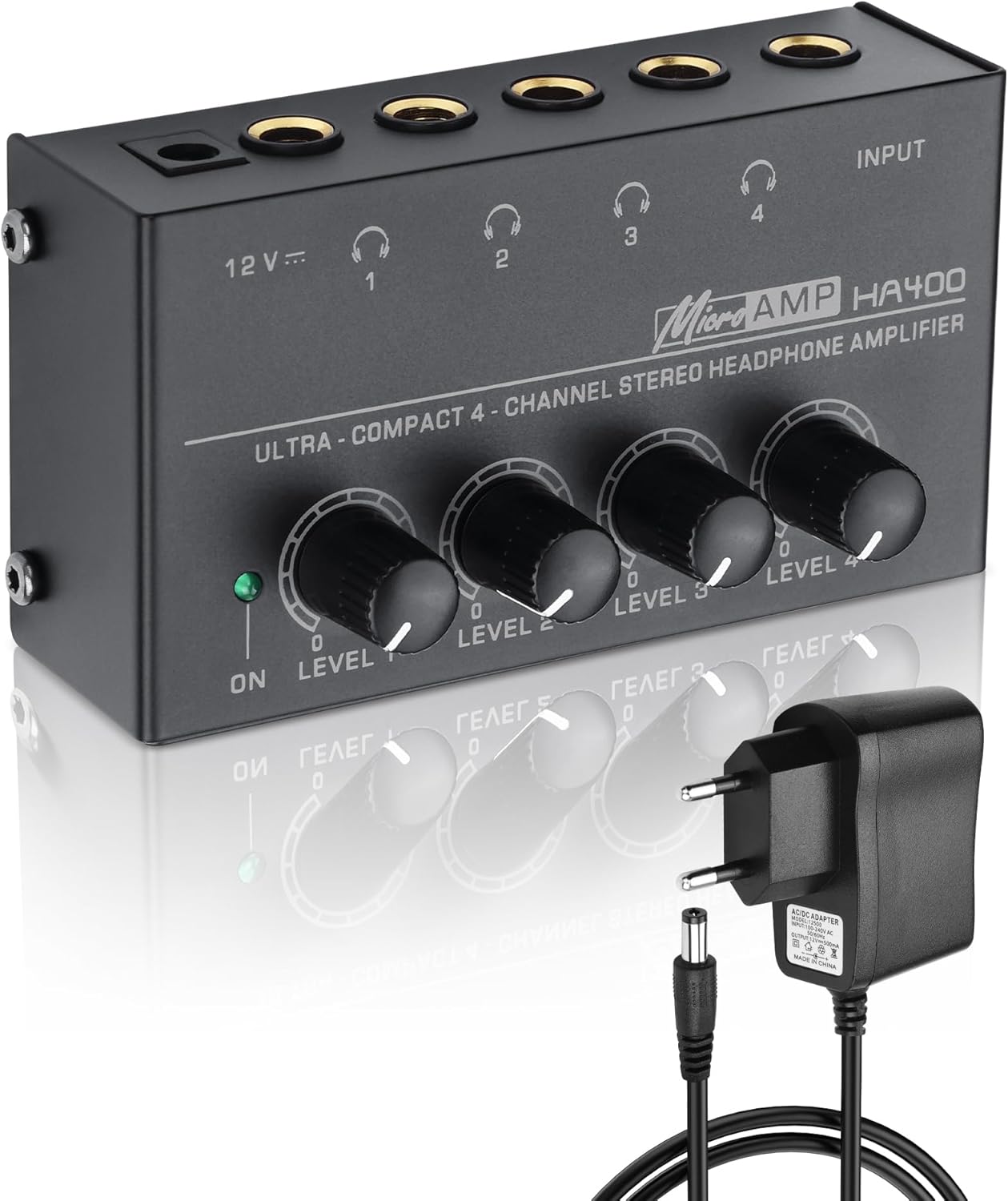 HA400 4 canaux amplificateur de Casque stéréo, métal Mini Splitter Audio avec contrôle de Volume indépendant, 1/4 "Sortie et entrée TRS, avec Adaptateur 12V pour Studio, scène, PC, Guitare