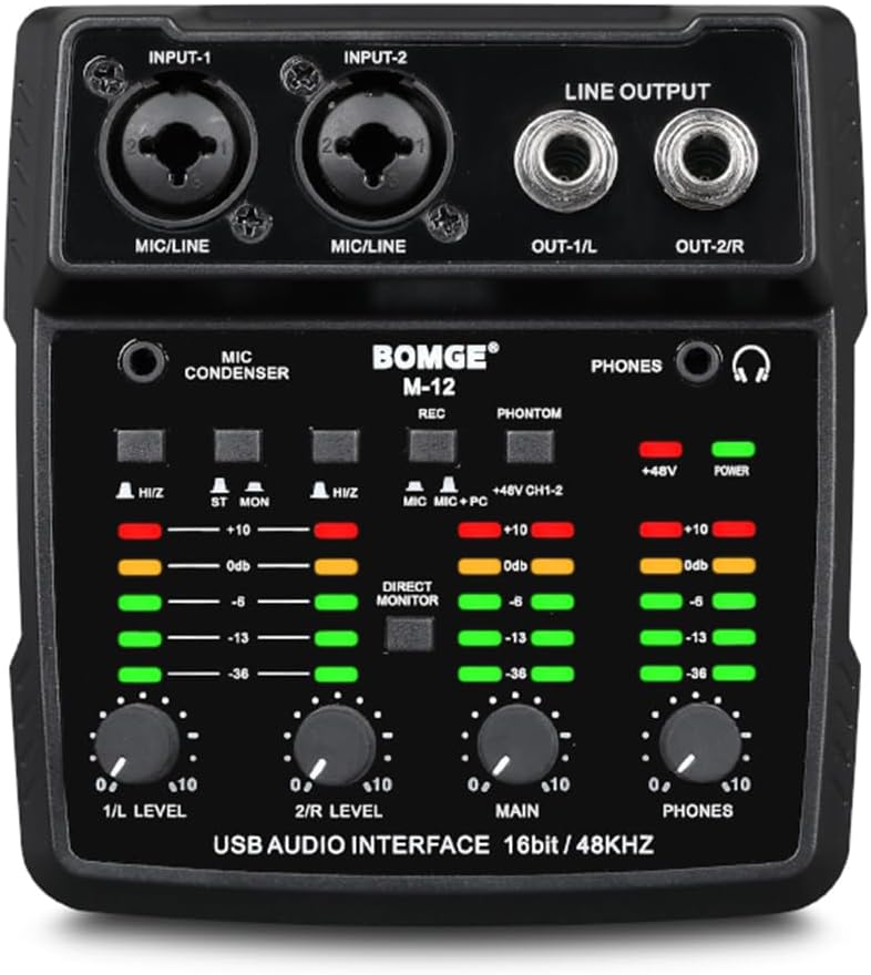 BOMGE Interface audio USB M12, mixeur à 2 canaux, entrée XLR/3,5 mm, alimentation 48 V, carte son pour enregistrement PC, studio, spectacle en direct, karaoké, Plug & Play