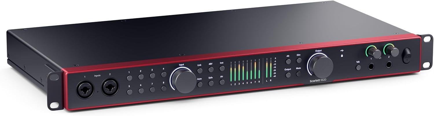 Interface audio USB Focusrite Scarlett 18i20 de 4e gen — des prises de son impeccables et tous les logiciels pour enregistrer en multipiste, peaufiner et réaliser toutes vos musiques et vos podcasts