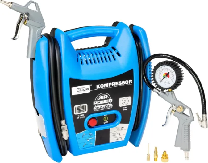 Güde Compresseur Airpower 180/08 (sans huile et nécessitant peu d'entretien, entraînement par courroie, 8 bars, 1100 W, débit effectif 140 l/min, tuyau d'air comprimé de 2,5 m avec raccord rapide Unique