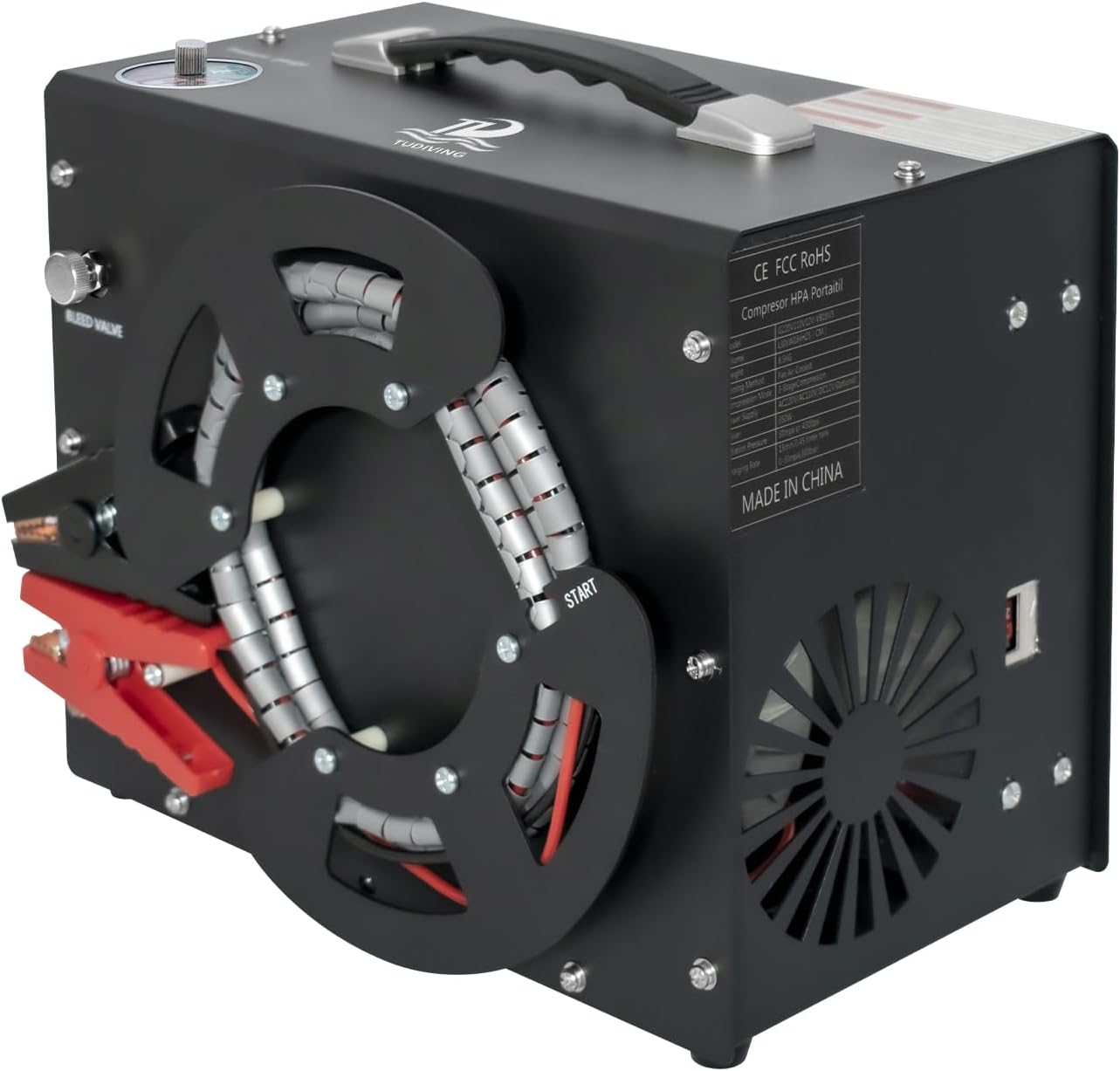 TUDIVING - Compresseur d'air 4500 Psi - 12 V CC / 220 V CA - Arrêt automatique - Sans huile ni eau - Gonflage rapide - Compresseur pour plongée, PCP et pistolets de paintball (TXES062)