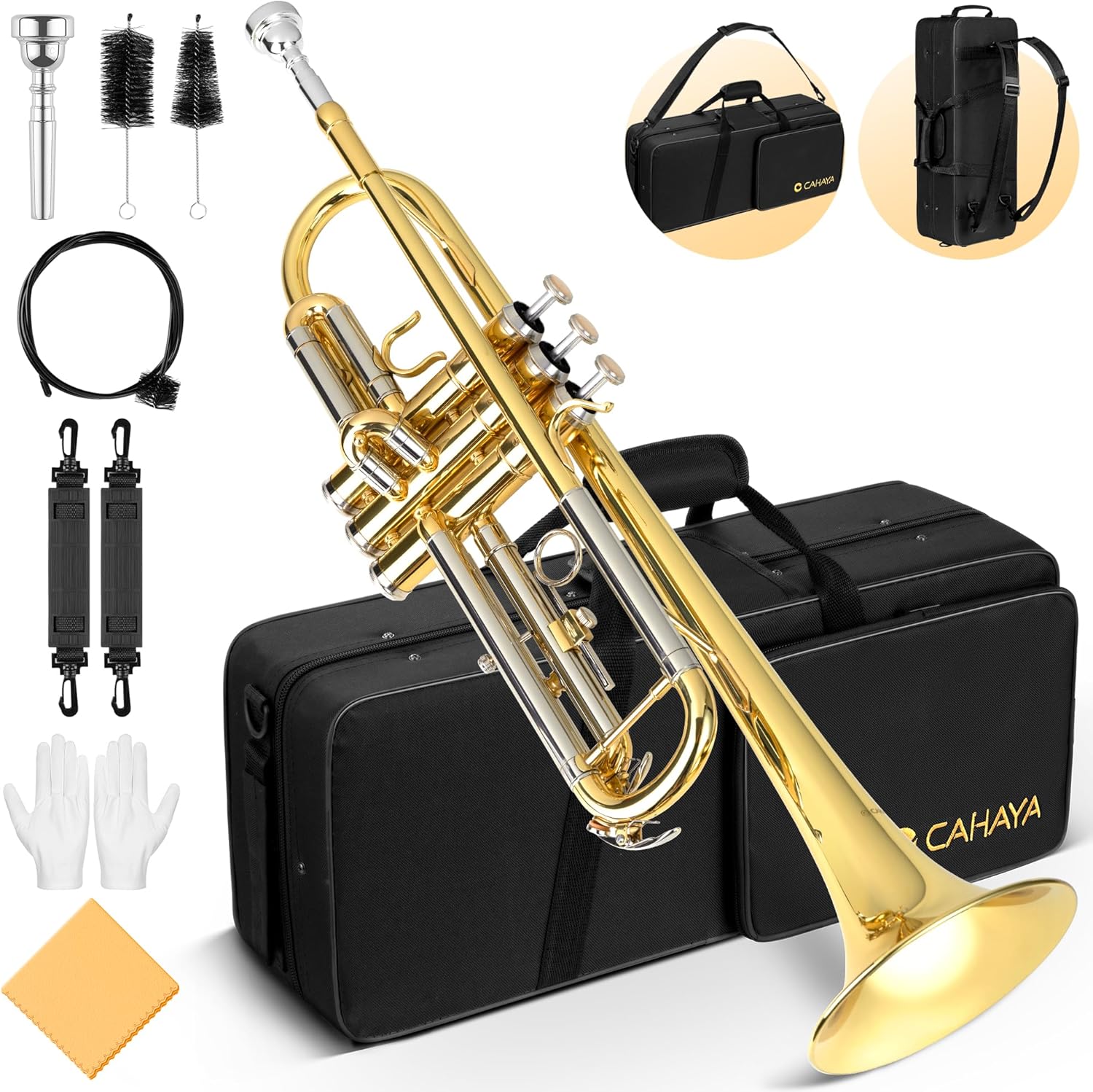 Ensemble Trompette Standard en Sib: Trompette pour Débutants et Étudiants - En Laiton, avec Étui Rigide, Embouchure 7C, Gants et Kit de Nettoyage, Dorée