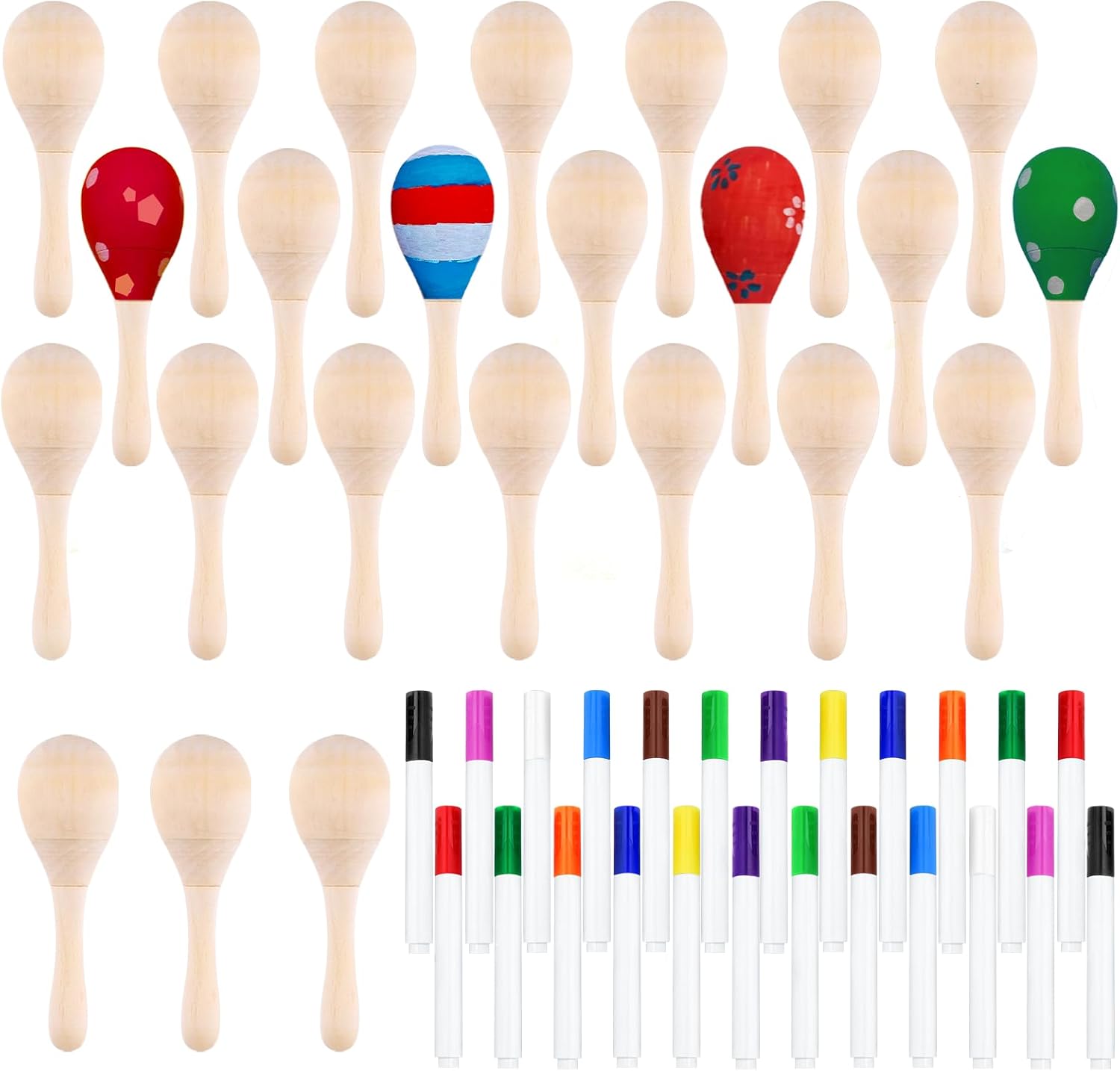 CHRORINE Lot de 24/36 maracas en bois pour enfants, ensemble de bricolage avec 24 stylos de couleur, instruments de musique maracas pour fête d'anniversaire mexicaine Cinco De Mayo (36)