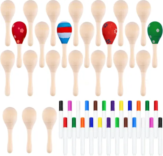 CHRORINE Lot de 24/36 maracas en bois pour enfants, ensemble de bricolage avec 24 stylos de couleur, instruments de musique maracas pour fête d'anniversaire mexicaine Cinco De Mayo (36)