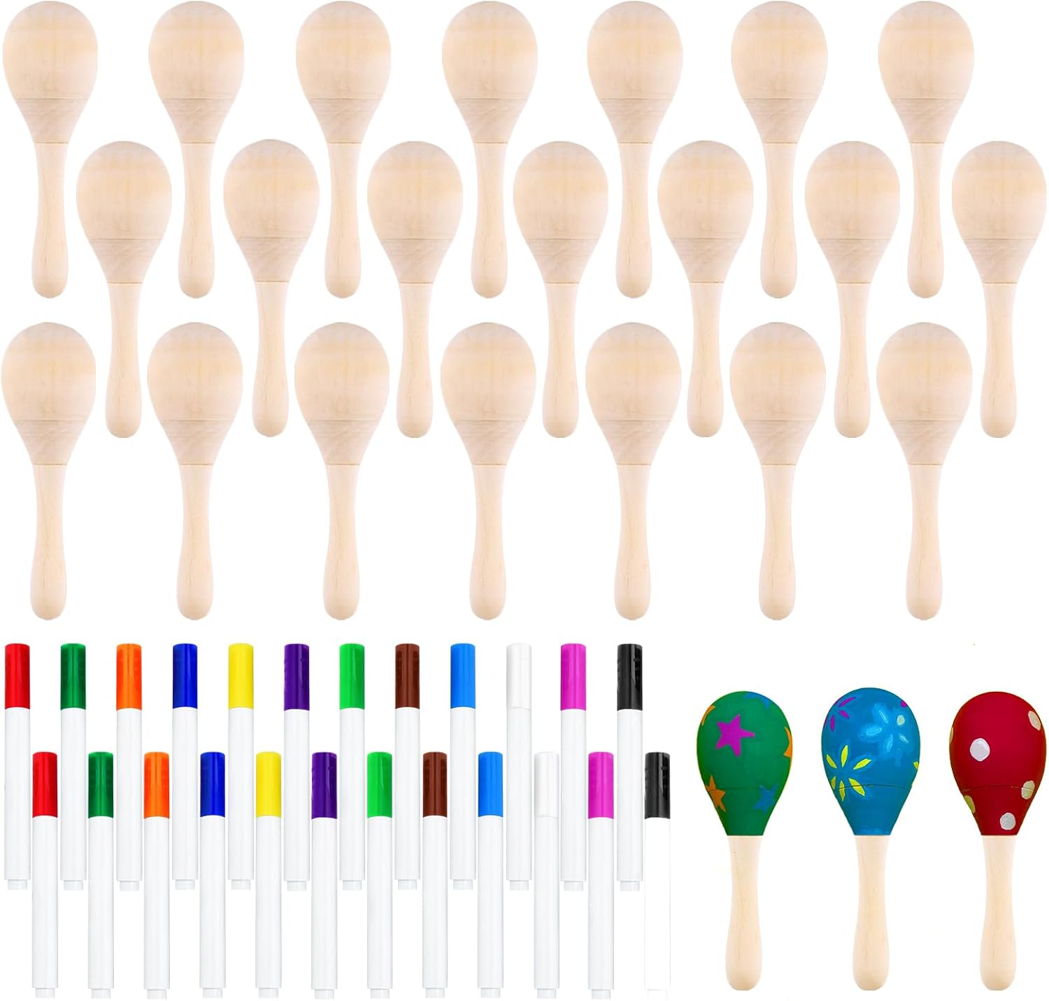 Lot de 24 mini maracas en bois pour enfants avec 24 stylos de peinture acrylique, décorations de fête Cinco de Mayo, MCYQXL-24 24 Count naturel