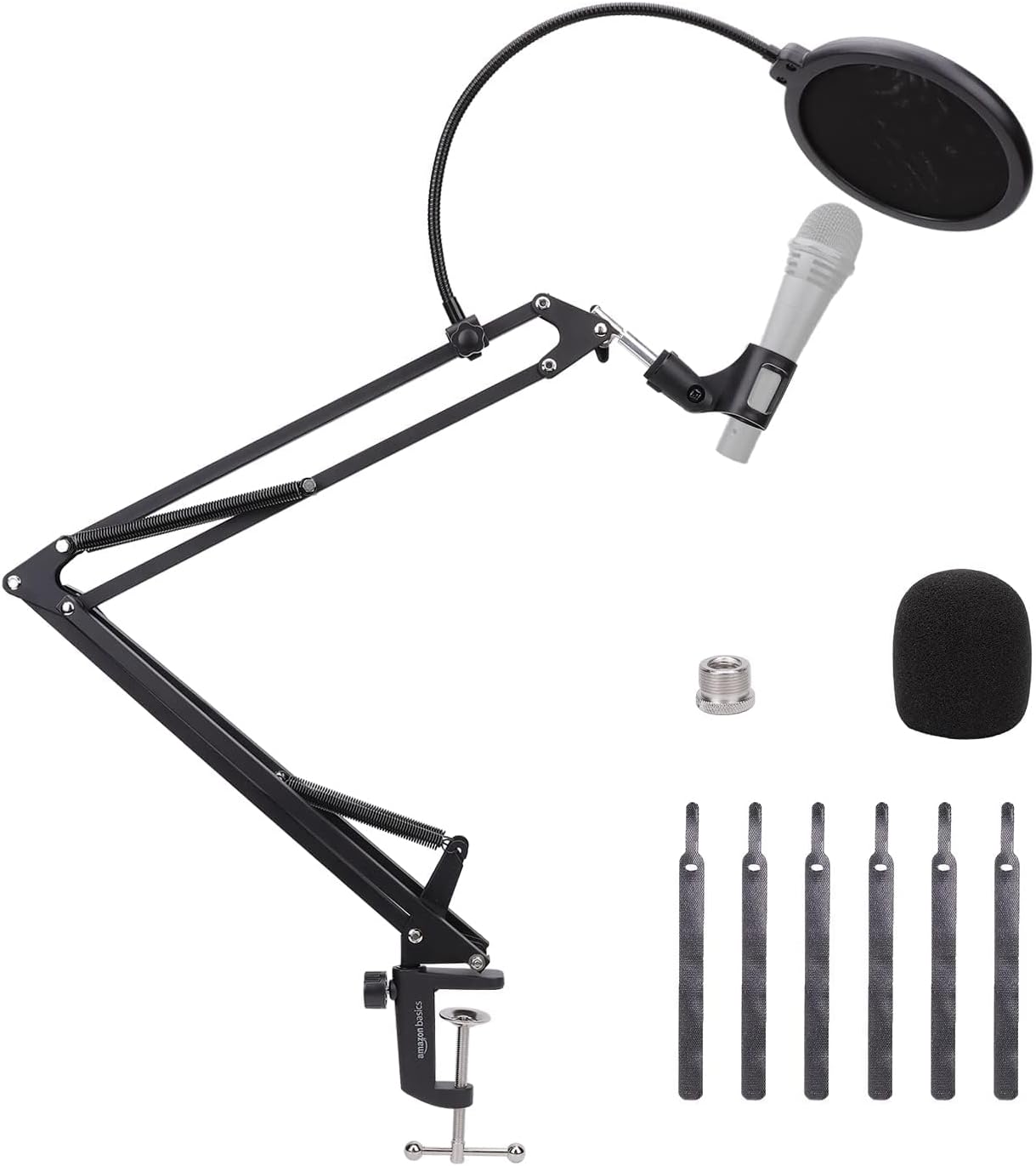 Bras de Microphone Réglable avec Filtre Anti-Pop et Bonnette en Mousse, Pince de Montage sur Table, Rotation à 360°, Compatible avec Blue Yeti, Snowball, HyperX, 35.5 cm (14"), Noir