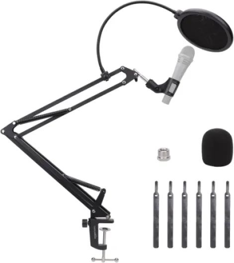 Bras de Microphone Réglable avec Filtre Anti-Pop et Bonnette en Mousse, Pince de Montage sur Table, Rotation à 360°, Compatible avec Blue Yeti, Snowball, HyperX, 35.5 cm (14"), Noir