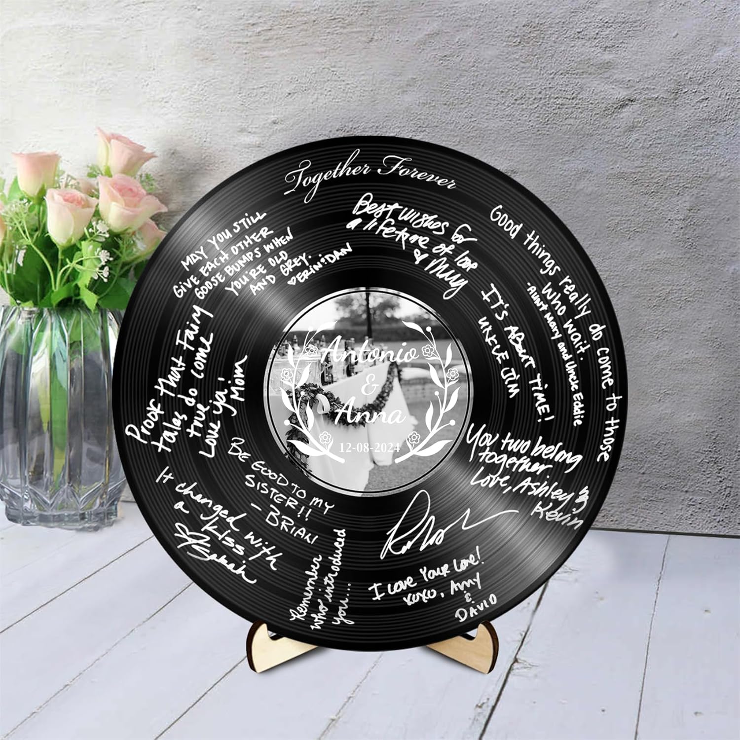 Disque vinyle rustique personnalisé pour livre d'or de mariage, livre d'or de mariage, livre d'or de mariage, décoration d'anniversaire de mariage C1-Silver Nom Acrylique Record