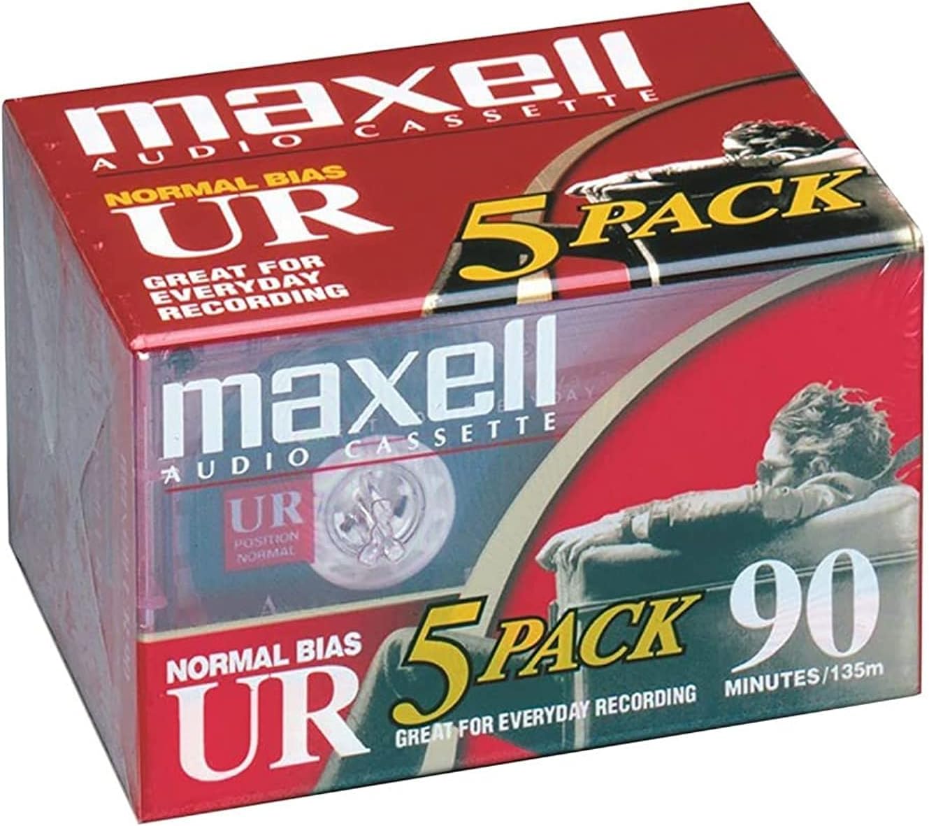 Maxell 108562 UR-90 Lot de 5 cassettes audio à polarisation normale, 90 minutes, avec étuis Cassette audio vierge