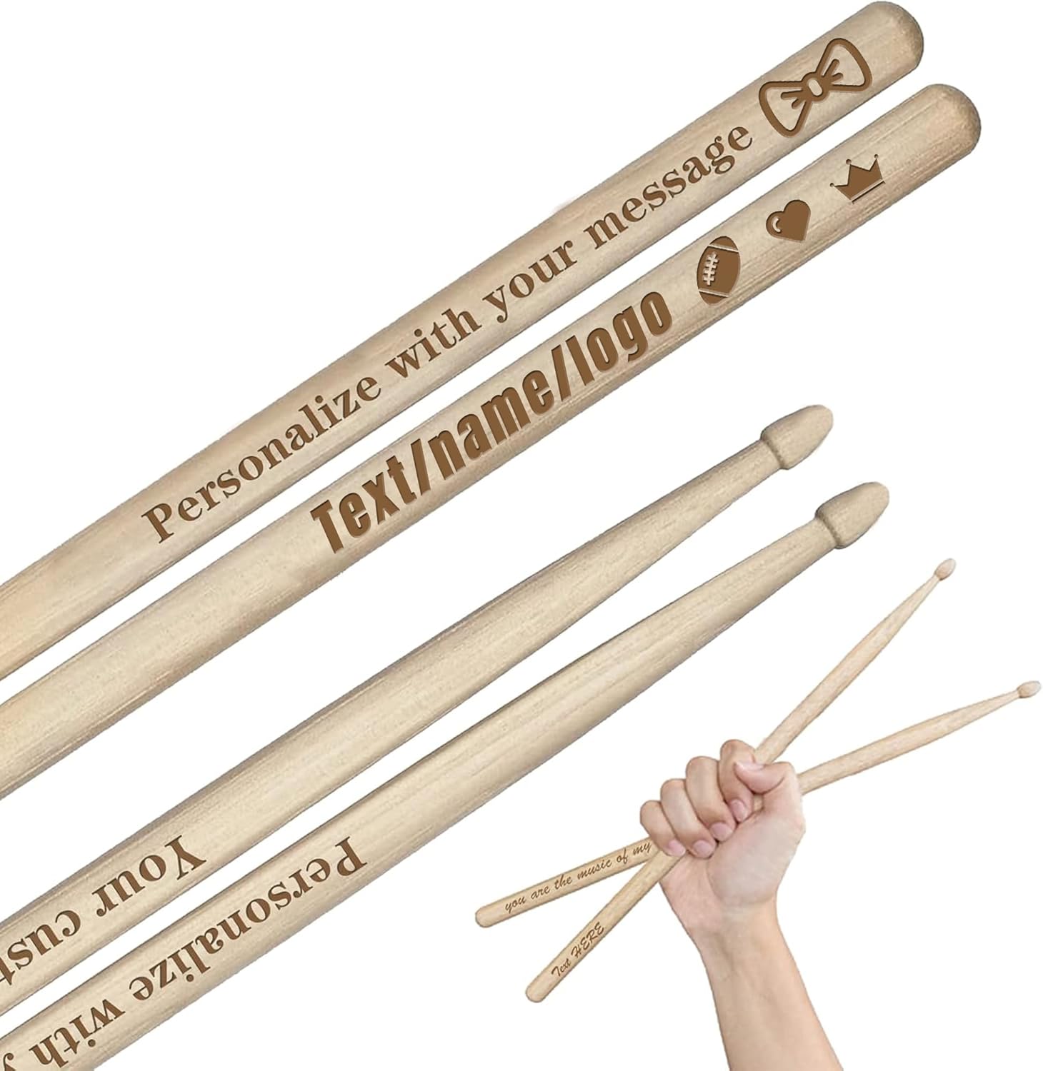 Baguette batterie personnalisée 5A/7A avec texte/LOGO/nom gravé au laser personnalisé baguettes en bois, cadeau personnalisé pour musiciens, batteur, groupe - instruments de musique (7a)