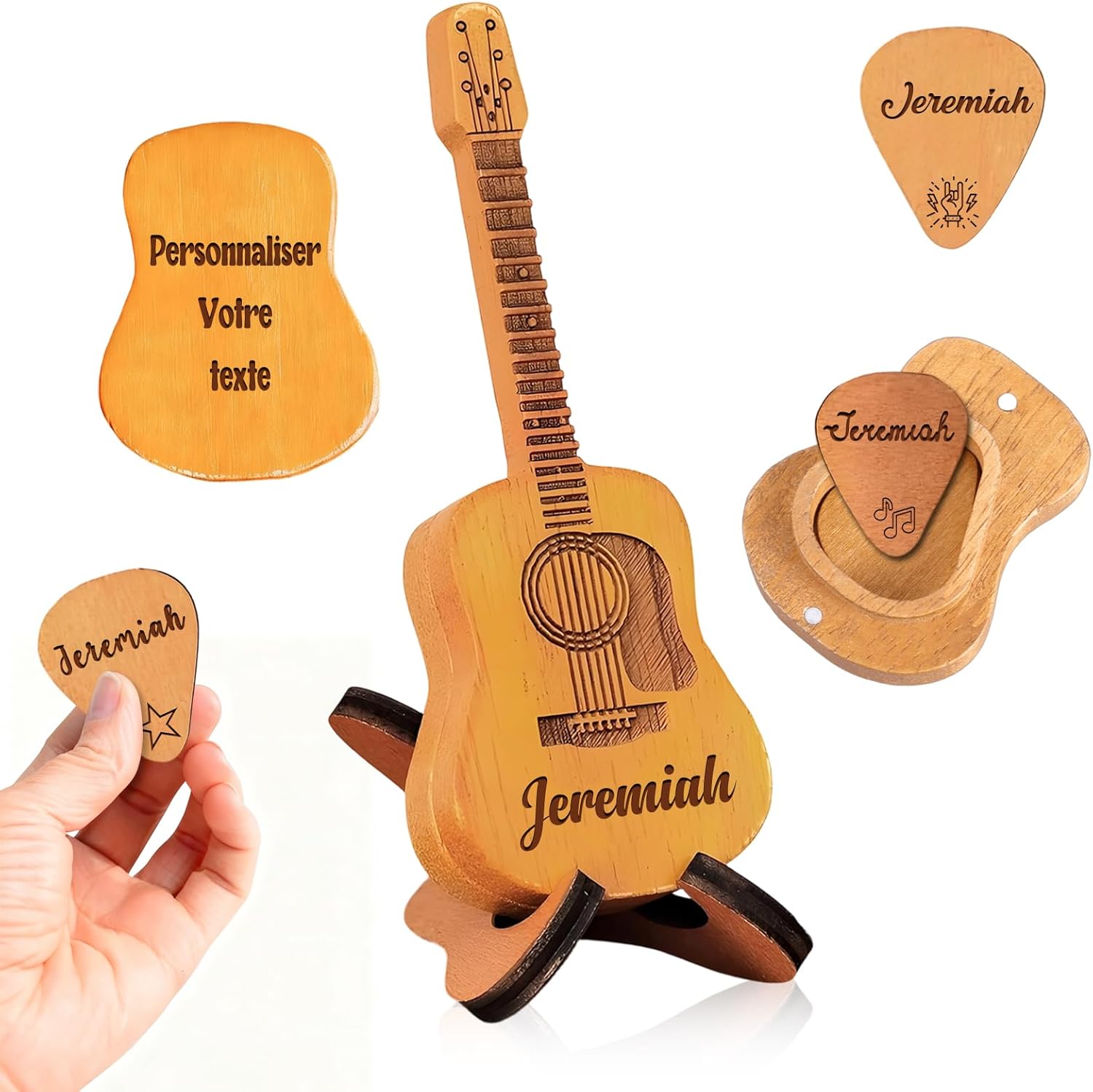 BoîTe à MéDiators de Guitare Personnalisable en Bois - Avec Nom Texte BoîTe à MéDiator En Bois avec et 3 Médiators Cadeaux de Noël Pour les Passionnés de Guitare et de Musique (Version en bois)