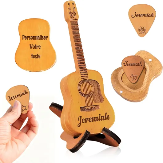 BoîTe à MéDiators de Guitare Personnalisable en Bois - Avec Nom Texte BoîTe à MéDiator En Bois avec et 3 Médiators Cadeaux de Noël Pour les Passionnés de Guitare et de Musique (Version en bois)