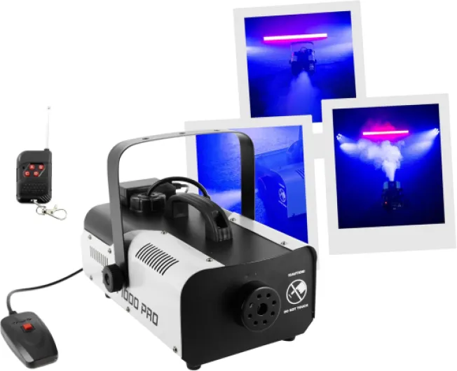 F1000 Pro Machine à fumée portable 1000W, Haut débit 150m3/min, Réservoir 1.2L, Projection de fumée jusqu'à 7m, Livrée avec 2 télécommandes, Lyre de fixation - Soirée, Club, scène, théâtre - Unique