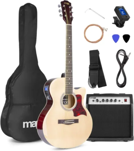 Showkit - Guitare Électro-Acoustique Adulte - Bois Clair, Cordes en Acier, Amplificateur Intégré 40W, Livré avec un Sac de Transport et une Sangle, pour Musiciens Débutants
