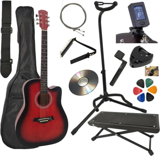 Guitare Acoustique Folk 4/4 Adulte 41 Pouces + Support Guitare + Repose Pied + 9 Accessoires Cour Vidéo et CD (Rouge)