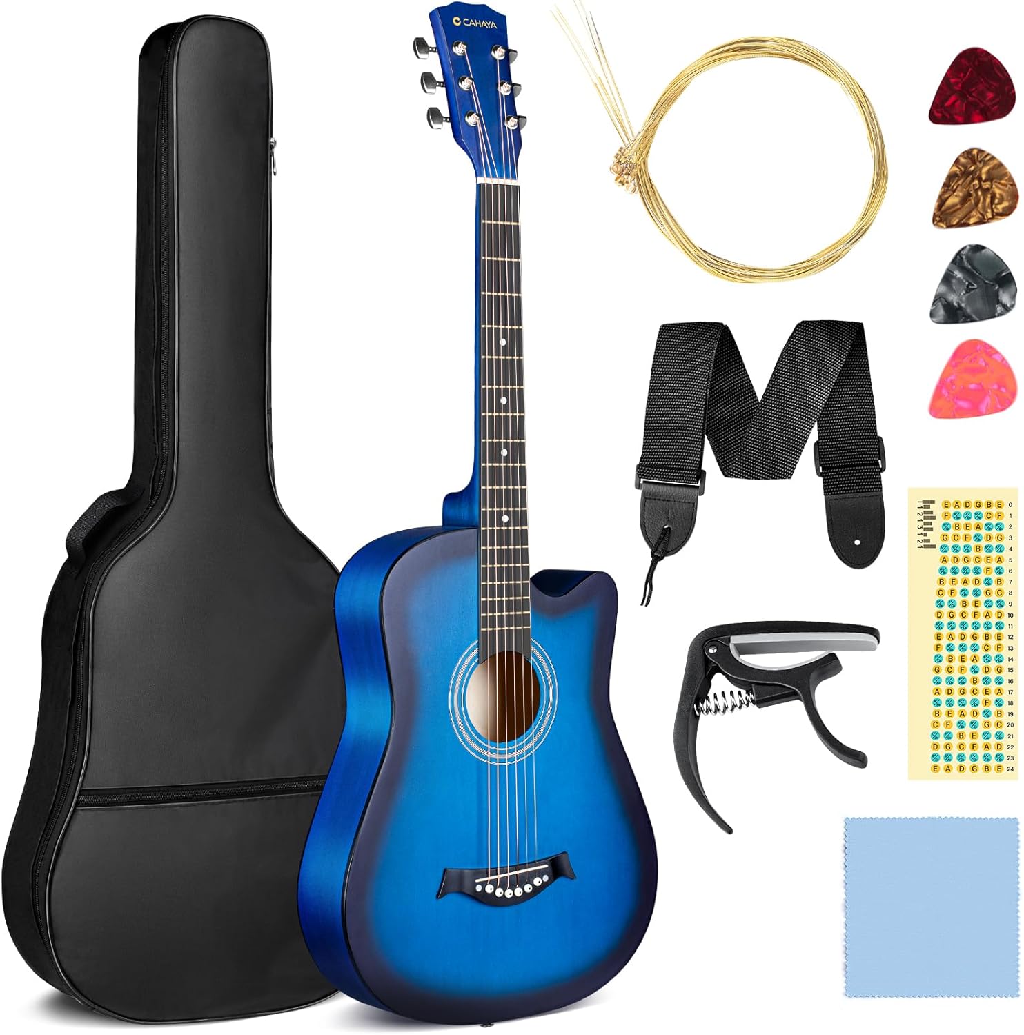 Guitare acoustique ：38 pouces All Wood, Pour débutant, pour enfants adolescents et adultes avec sac de guitare, cordes en laiton, capodastre, médiator, autocollants d'échelle et tissu CY0354 Bleu 38 pouces
