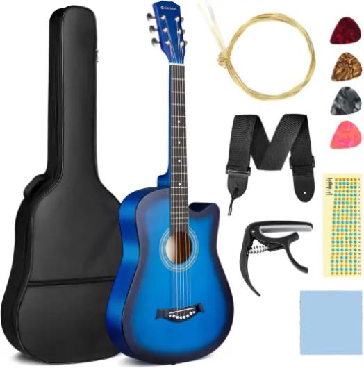 Guitare acoustique ：38 pouces All Wood, Pour débutant, pour enfants adolescents et adultes avec sac de guitare, cordes en laiton, capodastre, médiator, autocollants d'échelle et tissu CY0354 Bleu 38 pouces