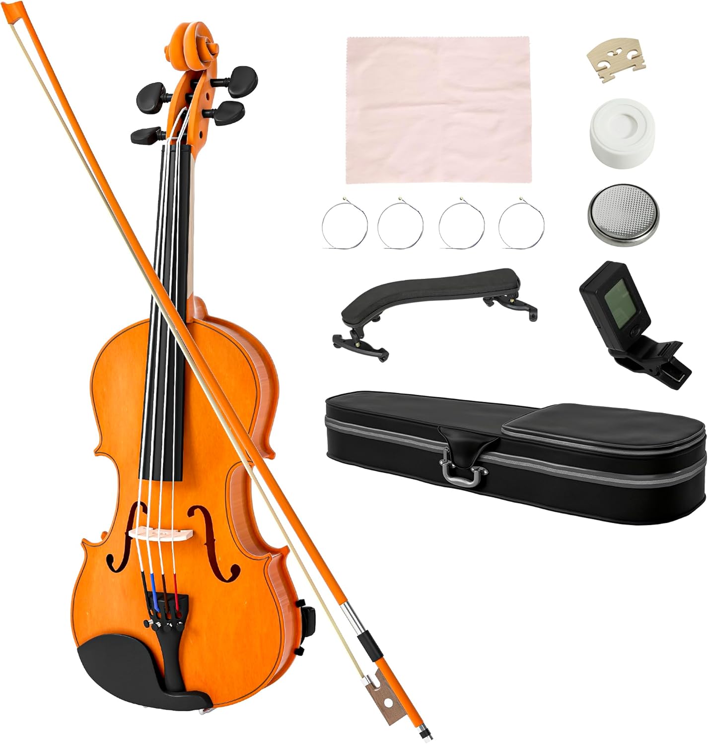 Violon 4/4, ensemble de violon en bois massif pour adultes et débutants, avec étui léger et portable, archet, colophane, chevalet et épaulière, marron