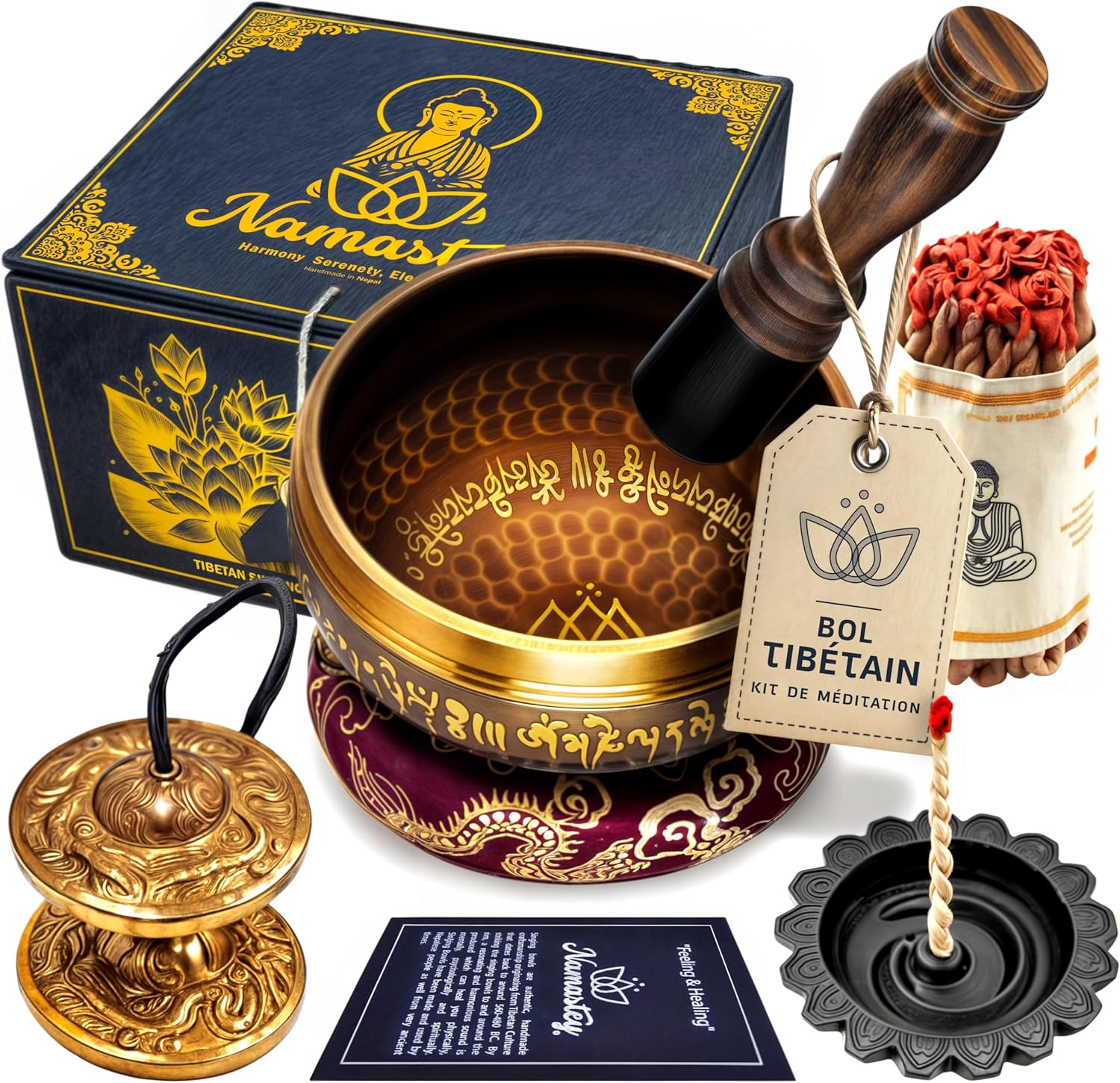 Bol Tibétain – Bol Chantant Ø10 cm Martelé à la Main au Népal – Tingsha Tibétain – Cordelette Encens Népalais – Brûleur – Coffret Papier Lokta – Accessoires Méditation – Yoga e Zen