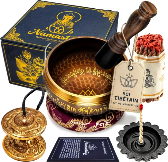 Bol Tibétain – Bol Chantant Ø10 cm Martelé à la Main au Népal – Tingsha Tibétain – Cordelette Encens Népalais – Brûleur – Coffret Papier Lokta – Accessoires Méditation – Yoga e Zen