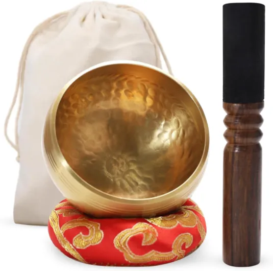 Bol Chantant Tibétain 8 cm – Fait Main en Laiton au Népal avec Maillet, Coussin et Pochette – Bol de Méditation pour Yoga, Relaxation et Harmonie des Chakras