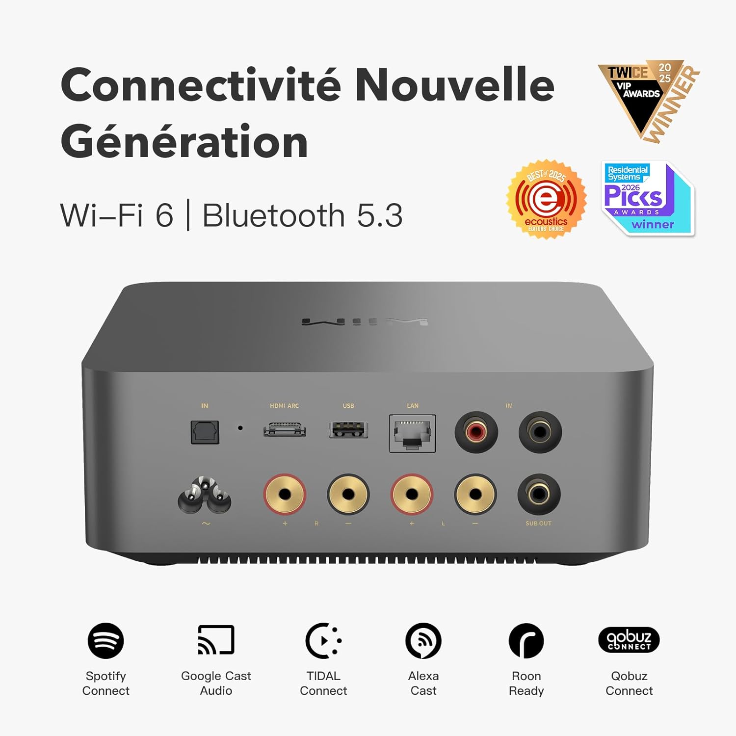 Amp Ultra avec Voice Remote2 - Amplificateur de Streaming 100W avec DAC ESS ES9039Q2M Dual Amplis TI TPA3255 -Égaliseur RoomFit Intégré&Écran Tactile- Entrées HDMI ARC, Optique, RCA- Gris Spatial