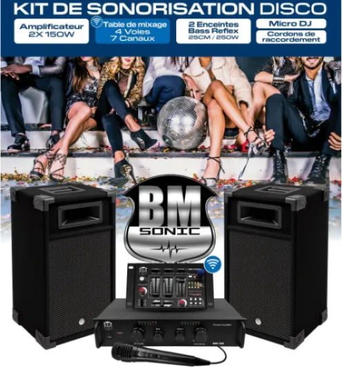 Kit Sonorisation 300W Bm Sonic BMS-DJ300-USB-BT Initiation DJ Enceintes Ampli Table de Mixage Bluetooth USB, Microphone Câblages